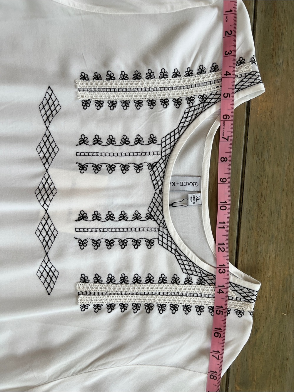 Embroidered White Midi Dress with Black Trim - Picture 6 of 13